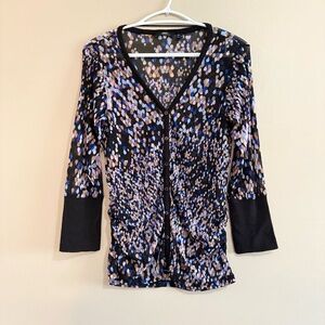 Mexx Mesh Black Blue & Lilac Pattern 3/4 Sleeve Ruched Button Up Blouse